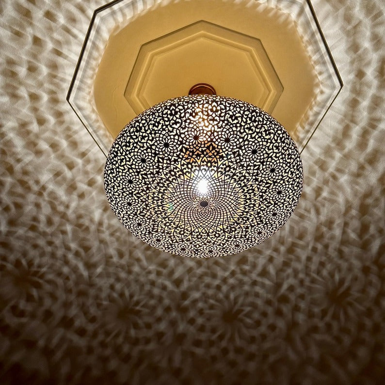 Handmade Moroccan Brass Flush Mount Ceiling Light – Large Pierced Round Dome with Floral Rosette & Arabesque Cutouts, Shadow Casting Moorish Ceiling Fixture