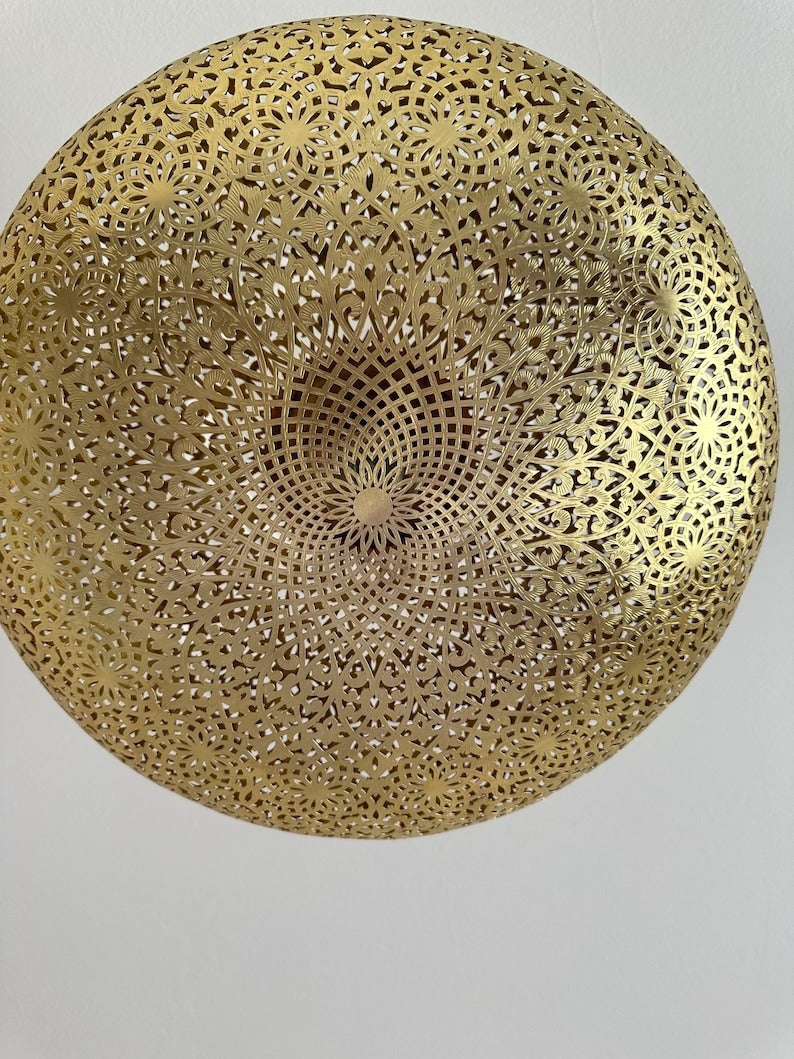 Handmade Moroccan Brass Flush Mount Ceiling Light – Large Pierced Round Dome with Floral Rosette & Arabesque Cutouts, Shadow Casting Moorish Ceiling Fixture