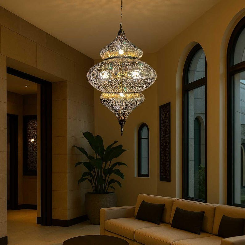 Handmade Moroccan Brass Pendant Light – Large Pierced Three-Tier Moorish Lantern, Ornate Floral Geometric Ceiling Light for Entryway, Dining Room & Living Room