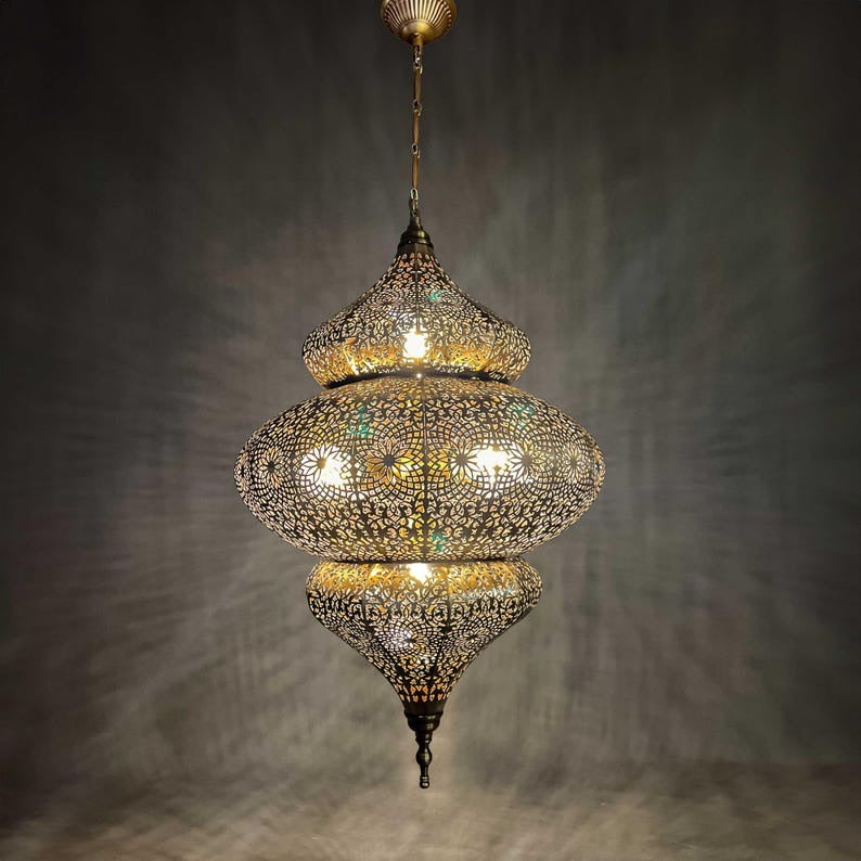 Handmade Moroccan Brass Pendant Light – Large Pierced Three-Tier Moorish Lantern, Ornate Floral Geometric Ceiling Light for Entryway, Dining Room & Living Room