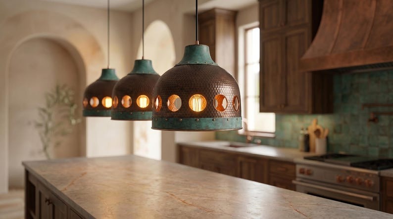 Handmade Moroccan Brass Pendant Light – Pierced Dome Kitchen Island Ceiling Lamp with Verdigris Patina, Copper Finish & Circular Cutout Design