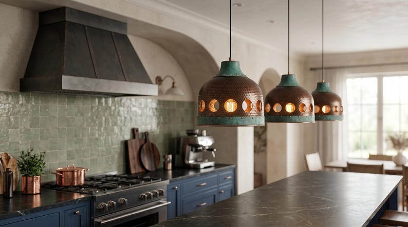 Handmade Moroccan Brass Pendant Light – Pierced Dome Kitchen Island Ceiling Lamp with Verdigris Patina, Copper Finish & Circular Cutout Design