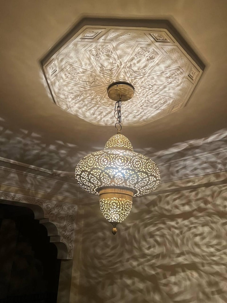Handmade Moroccan Brass Pendant Chandelier – Large Pierced Lantern Ceiling Light with Geometric Shadow Pattern for Entryway, Dining Room & Boho Home Décor