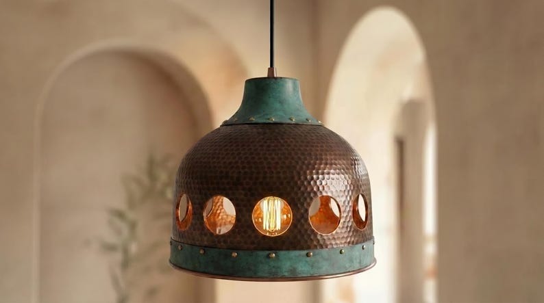 Handmade Moroccan Brass Pendant Light – Pierced Dome Kitchen Island Ceiling Lamp with Verdigris Patina, Copper Finish & Circular Cutout Design