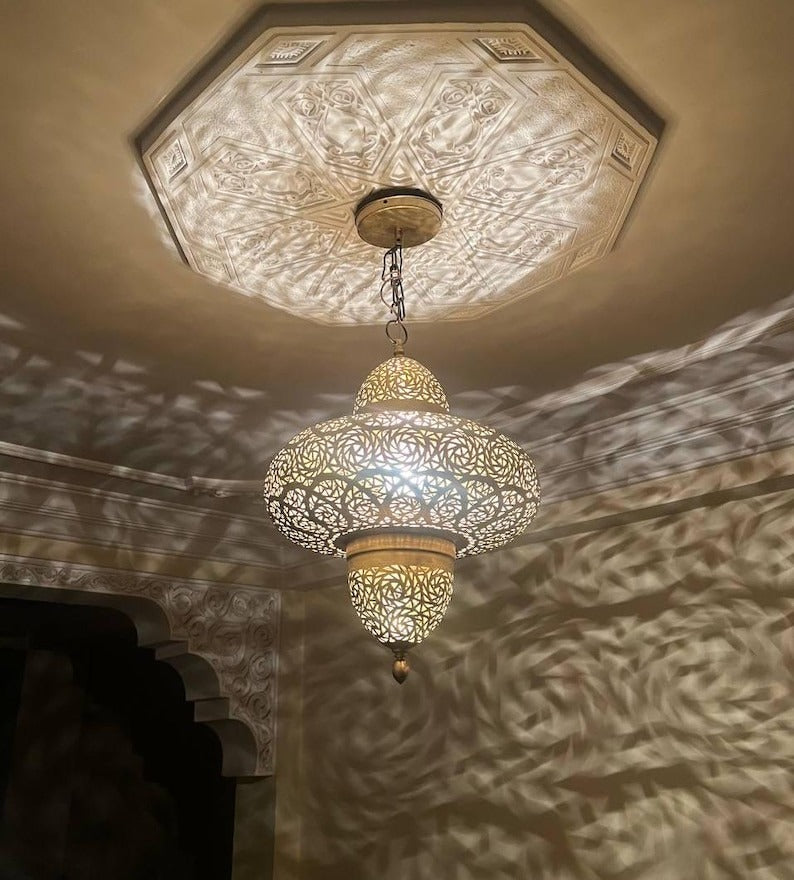 Handmade Moroccan Brass Pendant Chandelier – Large Pierced Lantern Ceiling Light with Geometric Shadow Pattern for Entryway, Dining Room & Boho Home Décor