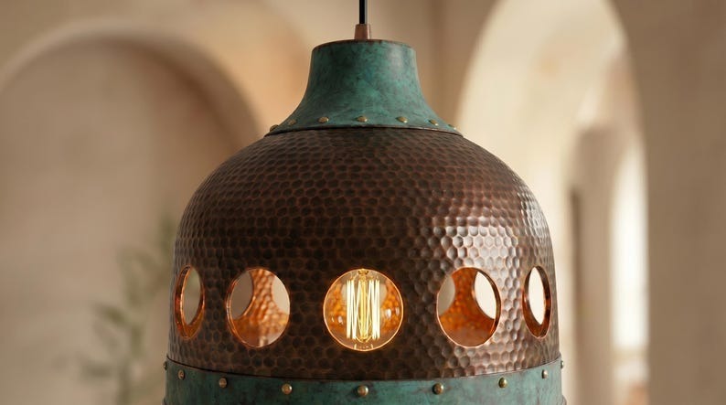 Handmade Moroccan Brass Pendant Light – Pierced Dome Kitchen Island Ceiling Lamp with Verdigris Patina, Copper Finish & Circular Cutout Design