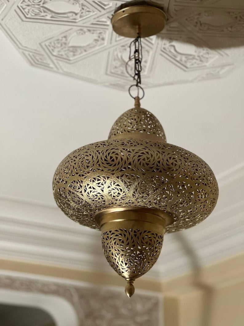 Handmade Moroccan Brass Pendant Chandelier – Large Pierced Lantern Ceiling Light with Geometric Shadow Pattern for Entryway, Dining Room & Boho Home Décor