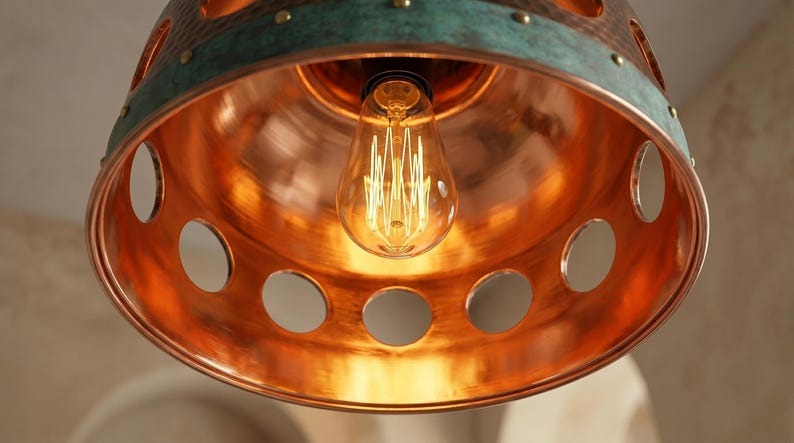Handmade Moroccan Brass Pendant Light – Pierced Dome Kitchen Island Ceiling Lamp with Verdigris Patina, Copper Finish & Circular Cutout Design