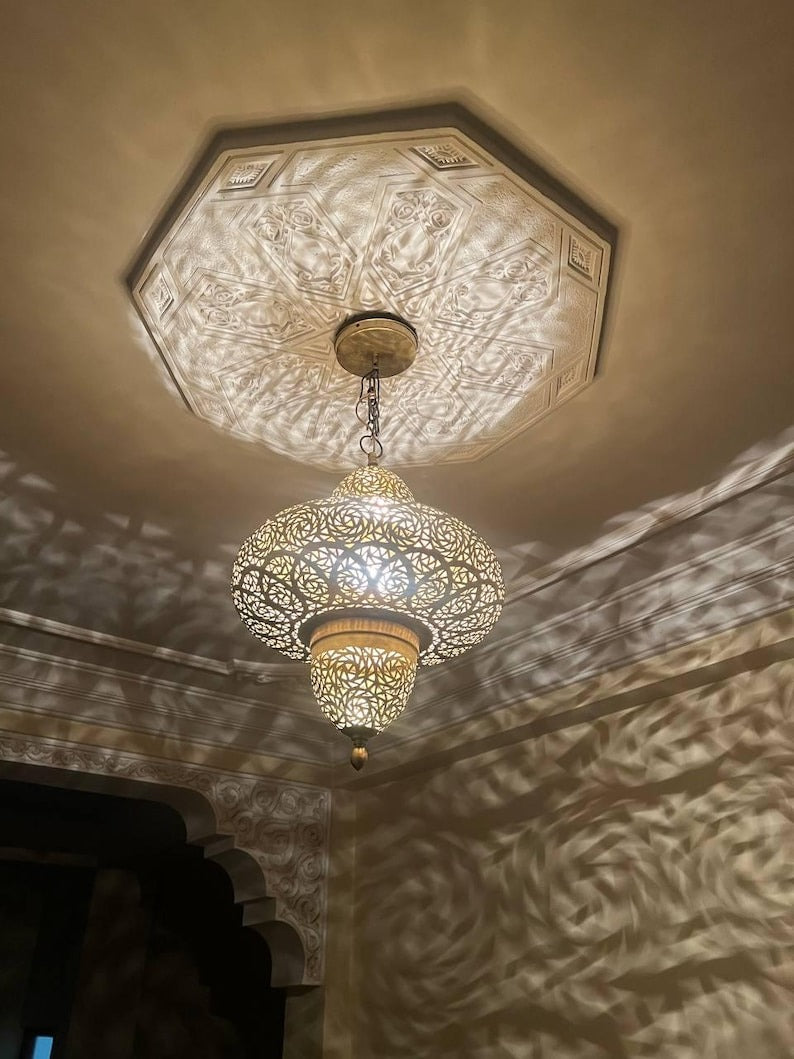Handmade Moroccan Brass Pendant Chandelier – Large Pierced Lantern Ceiling Light with Geometric Shadow Pattern for Entryway, Dining Room & Boho Home Décor