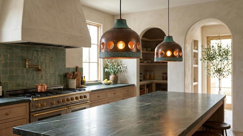 Handmade Moroccan Brass Pendant Light – Pierced Dome Kitchen Island Ceiling Lamp with Verdigris Patina, Copper Finish & Circular Cutout Design