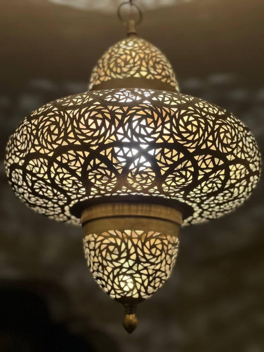 Handmade Moroccan Brass Pendant Chandelier – Large Pierced Lantern Ceiling Light with Geometric Shadow Pattern for Entryway, Dining Room & Boho Home Décor