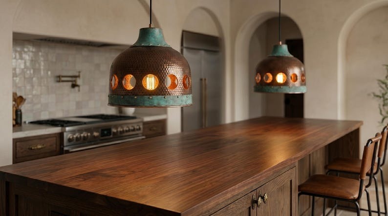 Handmade Moroccan Brass Pendant Light – Pierced Dome Kitchen Island Ceiling Lamp with Verdigris Patina, Copper Finish & Circular Cutout Design