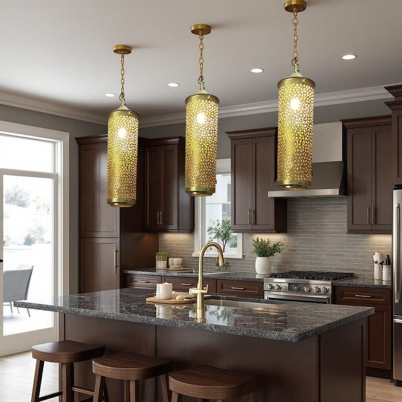 Handmade Moroccan Brass Pendant Light – Large Sculptural Wavy Ceiling Lamp, Hammered Gold Brass Statement Chandelier for Living Room & Dining Room