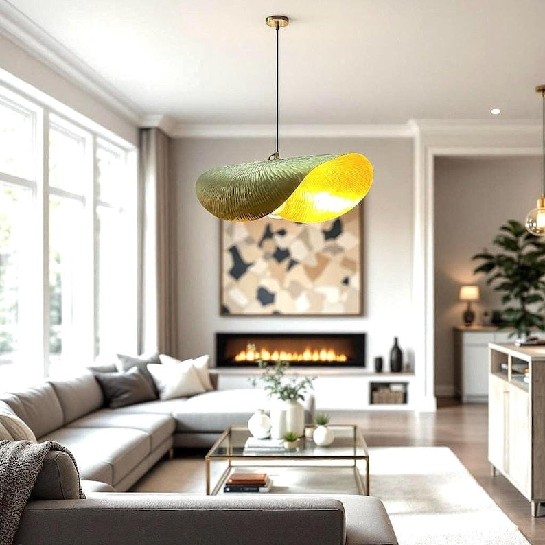 Handmade Moroccan Brass Pendant Light – Large Sculptural Wavy Ceiling Lamp, Hammered Gold Brass Statement Chandelier for Living Room & Dining Room
