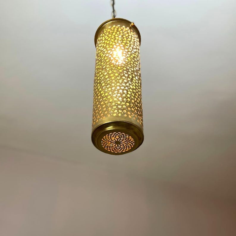 Handmade Moroccan Brass Pendant Light – Large Sculptural Wavy Ceiling Lamp, Hammered Gold Brass Statement Chandelier for Living Room & Dining Room