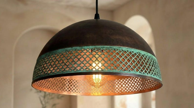 Handmade Moroccan Brass Pendant Light – Dark Bronze Dome with Turquoise Verdigris Pierced Lattice Band and Warm Copper Interior