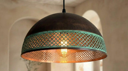Handmade Moroccan Brass Pendant Light – Dark Bronze Dome with Turquoise Verdigris Pierced Lattice Band and Warm Copper Interior