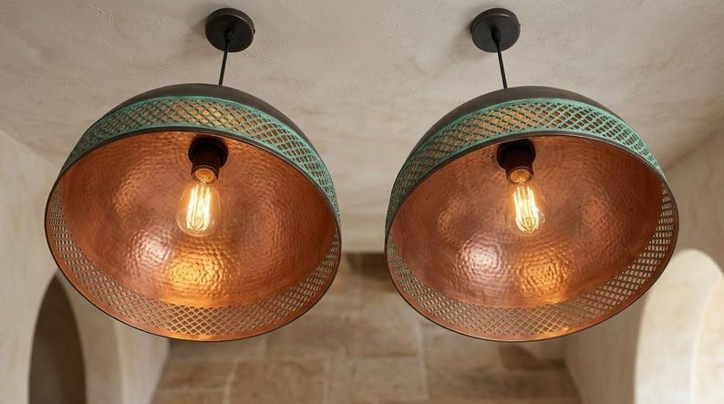 Handmade Moroccan Brass Pendant Light – Dark Bronze Dome with Turquoise Verdigris Pierced Lattice Band and Warm Copper Interior