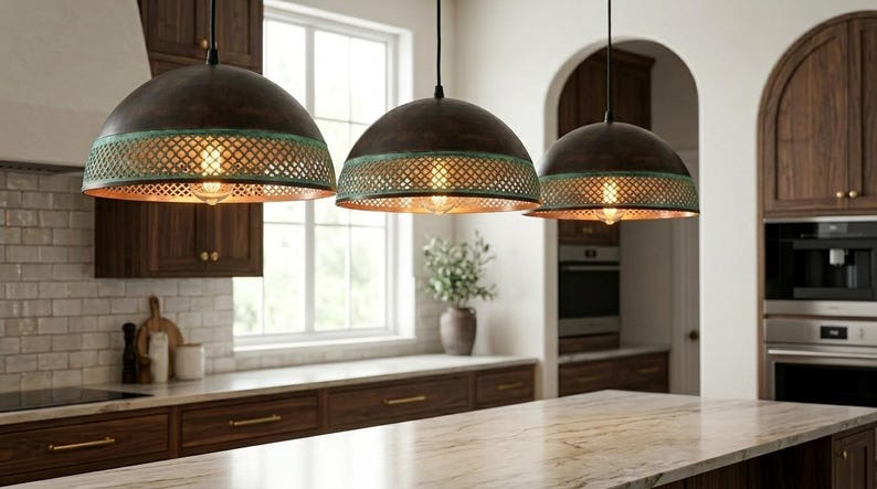 Handmade Moroccan Brass Pendant Light – Dark Bronze Dome with Turquoise Verdigris Pierced Lattice Band and Warm Copper Interior