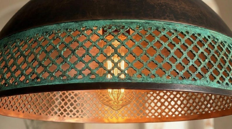 Handmade Moroccan Brass Pendant Light – Dark Bronze Dome with Turquoise Verdigris Pierced Lattice Band and Warm Copper Interior