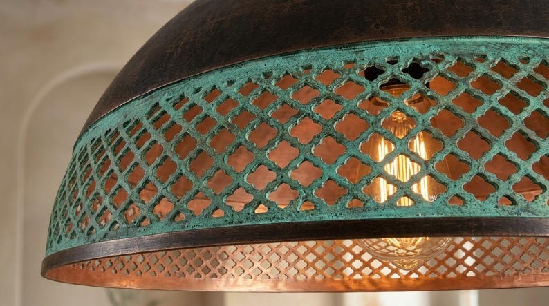 Handmade Moroccan Brass Pendant Light – Dark Bronze Dome with Turquoise Verdigris Pierced Lattice Band and Warm Copper Interior