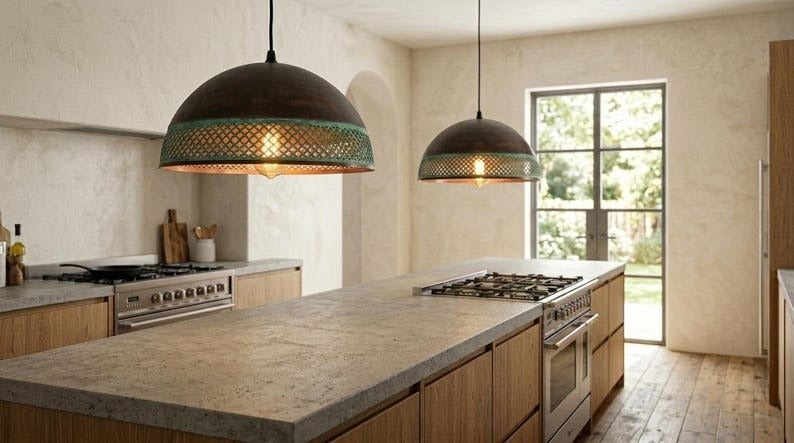 Handmade Moroccan Brass Pendant Light – Dark Bronze Dome with Turquoise Verdigris Pierced Lattice Band and Warm Copper Interior