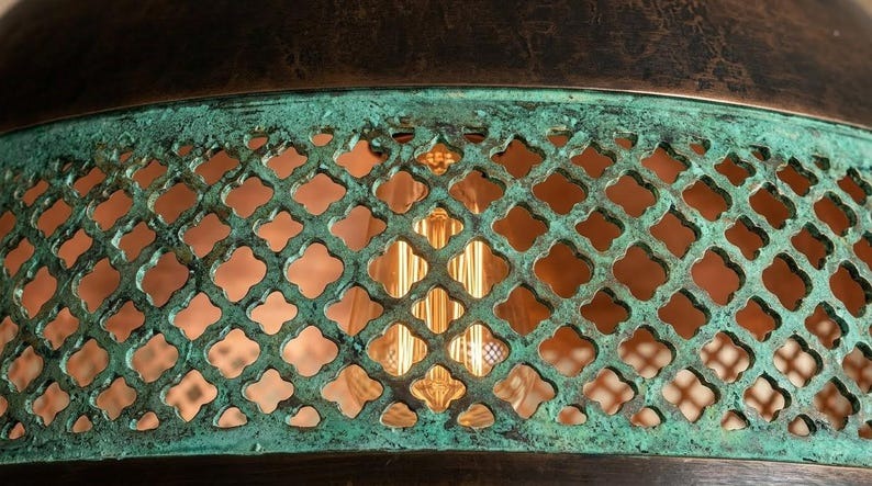 Handmade Moroccan Brass Pendant Light – Dark Bronze Dome with Turquoise Verdigris Pierced Lattice Band and Warm Copper Interior