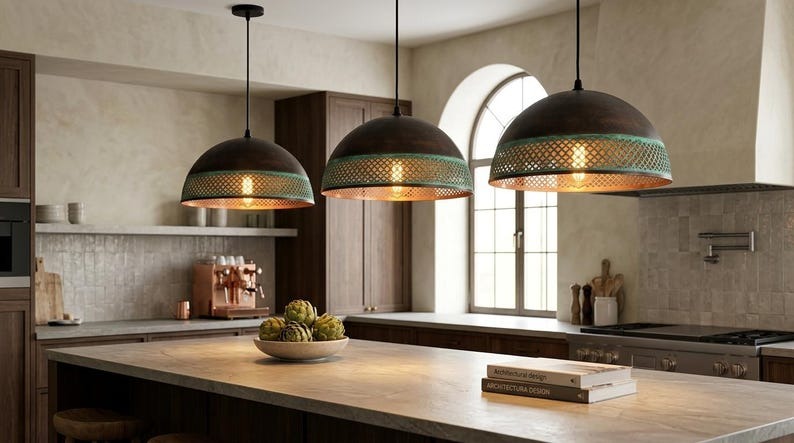 Handmade Moroccan Brass Pendant Light – Dark Bronze Dome with Turquoise Verdigris Pierced Lattice Band and Warm Copper Interior