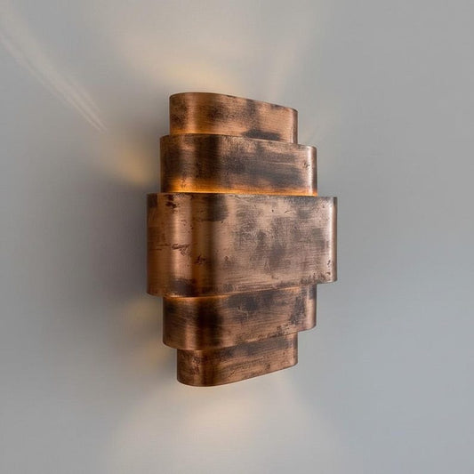 Handmade Moroccan Brass Wall Sconce – Layered Geometric Brass Wall Light with Antique Copper Finish, Modern Art Deco Up and Down Lamp for Bedroom, Hallway, Entryway & Living Room