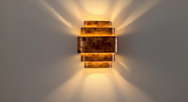 Handmade Moroccan Brass Wall Sconce – Layered Geometric Brass Wall Light with Antique Copper Finish, Modern Art Deco Up and Down Lamp for Bedroom, Hallway, Entryway & Living Room