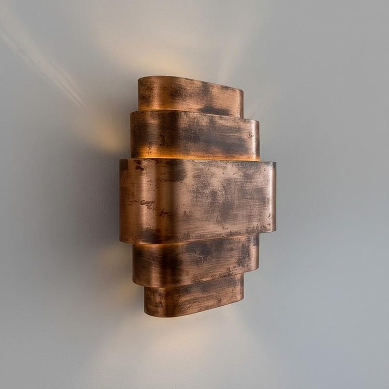 Handmade Moroccan Brass Wall Sconce – Layered Geometric Brass Wall Light with Antique Copper Finish, Modern Art Deco Up and Down Lamp for Bedroom, Hallway, Entryway & Living Room