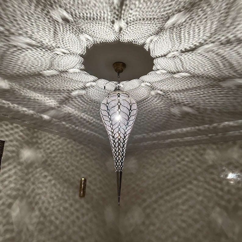 Moroccan Pierced Silver Teardrop Pendant Light, Handmade Moorish Leaf Pattern Hanging Chandelier, Boho Arabic Shadow Lantern, White Metal Filigree Ceiling Light Fixture