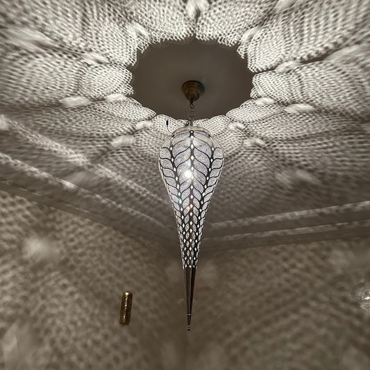 Moroccan Pierced Silver Teardrop Pendant Light, Handmade Moorish Leaf Pattern Hanging Chandelier, Boho Arabic Shadow Lantern, White Metal Filigree Ceiling Light Fixture