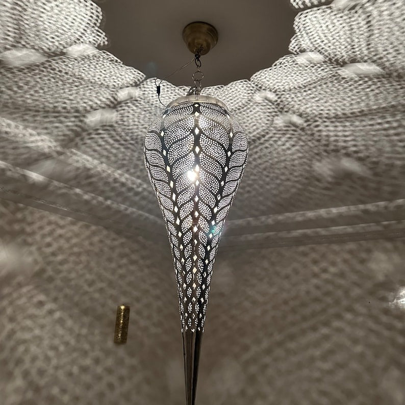 Moroccan Pierced Silver Teardrop Pendant Light, Handmade Moorish Leaf Pattern Hanging Chandelier, Boho Arabic Shadow Lantern, White Metal Filigree Ceiling Light Fixture