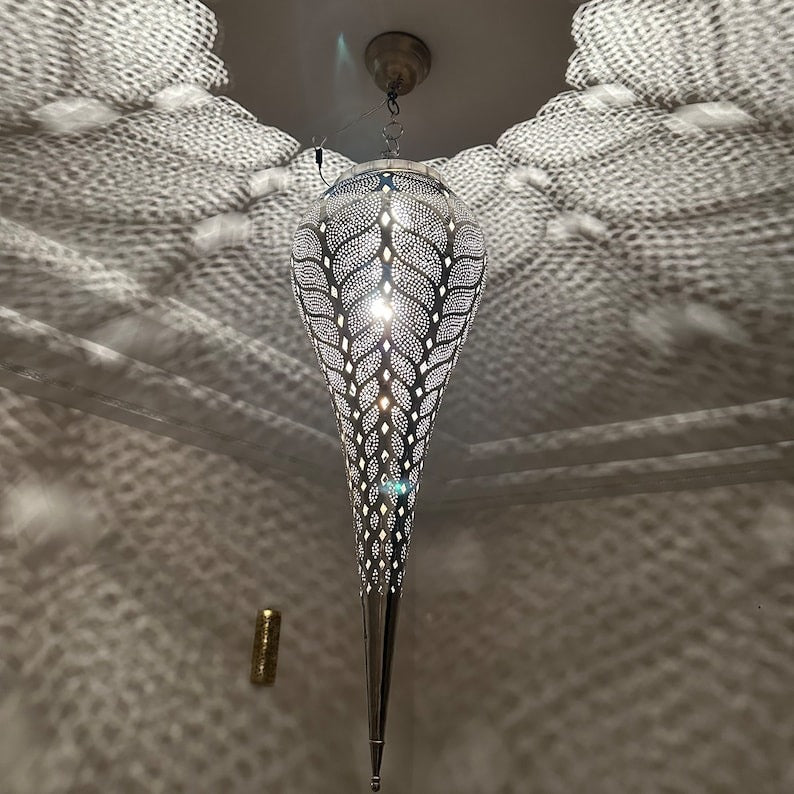 Moroccan Pierced Silver Teardrop Pendant Light, Handmade Moorish Leaf Pattern Hanging Chandelier, Boho Arabic Shadow Lantern, White Metal Filigree Ceiling Light Fixture