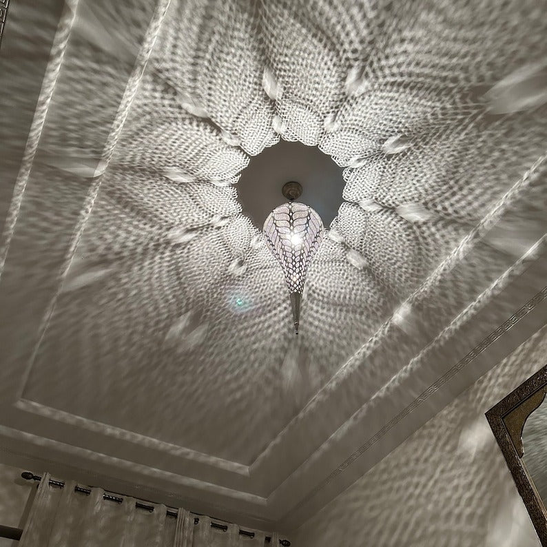 Moroccan Pierced Silver Teardrop Pendant Light, Handmade Moorish Leaf Pattern Hanging Chandelier, Boho Arabic Shadow Lantern, White Metal Filigree Ceiling Light Fixture