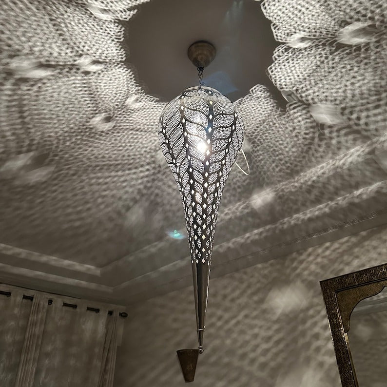 Moroccan Pierced Silver Teardrop Pendant Light, Handmade Moorish Leaf Pattern Hanging Chandelier, Boho Arabic Shadow Lantern, White Metal Filigree Ceiling Light Fixture
