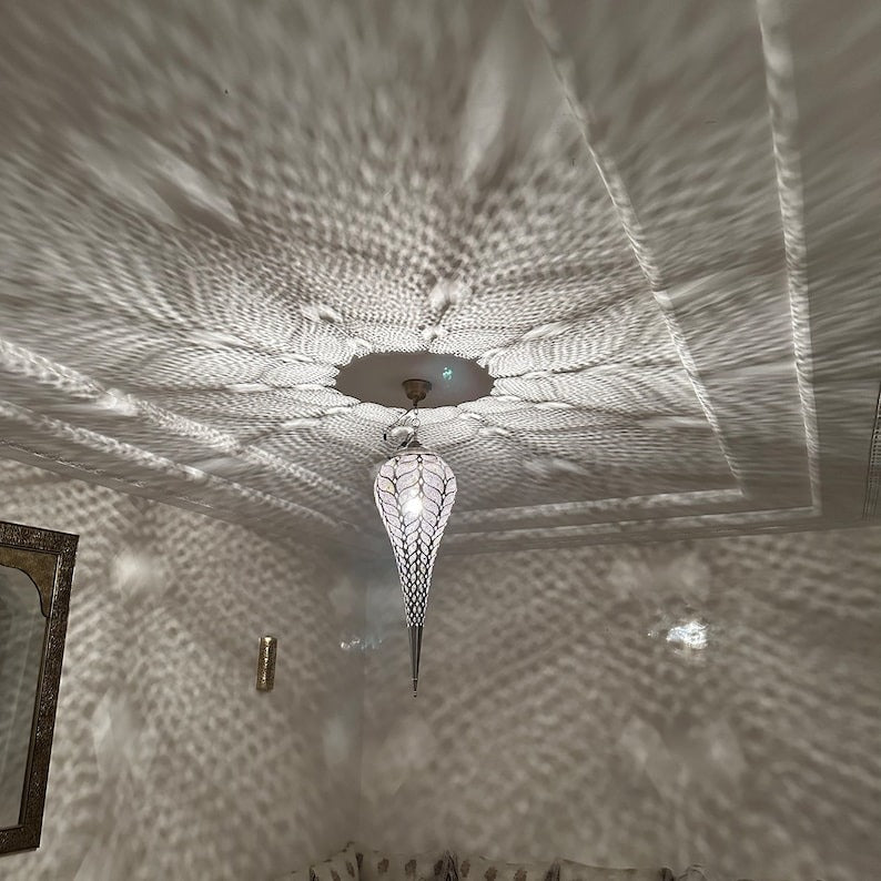 Moroccan Pierced Silver Teardrop Pendant Light, Handmade Moorish Leaf Pattern Hanging Chandelier, Boho Arabic Shadow Lantern, White Metal Filigree Ceiling Light Fixture