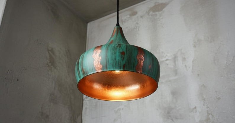 Handcrafted Green Patina Copper Pendant Light – Rustic Farmhouse Hanging Lamp, Vintage Industrial Ceiling Fixture, Copper Kitchen Island Lighting