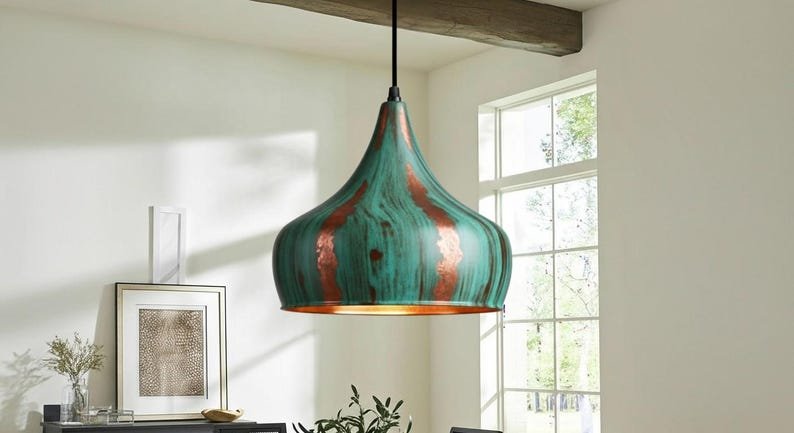 Handcrafted Green Patina Copper Pendant Light – Rustic Farmhouse Hanging Lamp, Vintage Industrial Ceiling Fixture, Copper Kitchen Island Lighting