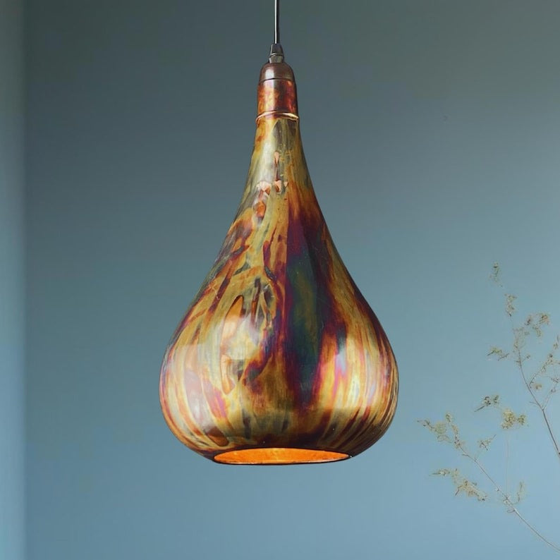 Moroccan Brass Multicolor Teardrop Pendant Light, Handmade Painted Brass Hanging Lamp, Boho Rainbow Patina Kitchen Island Chandelier, Rustic Artisan Ceiling Light Fixture