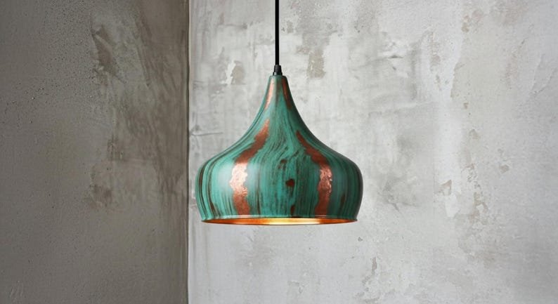 Handcrafted Green Patina Copper Pendant Light – Rustic Farmhouse Hanging Lamp, Vintage Industrial Ceiling Fixture, Copper Kitchen Island Lighting