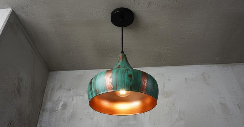 Handcrafted Green Patina Copper Pendant Light – Rustic Farmhouse Hanging Lamp, Vintage Industrial Ceiling Fixture, Copper Kitchen Island Lighting