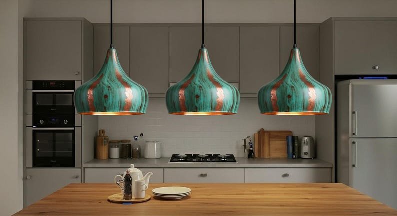 Handcrafted Green Patina Copper Pendant Light – Rustic Farmhouse Hanging Lamp, Vintage Industrial Ceiling Fixture, Copper Kitchen Island Lighting