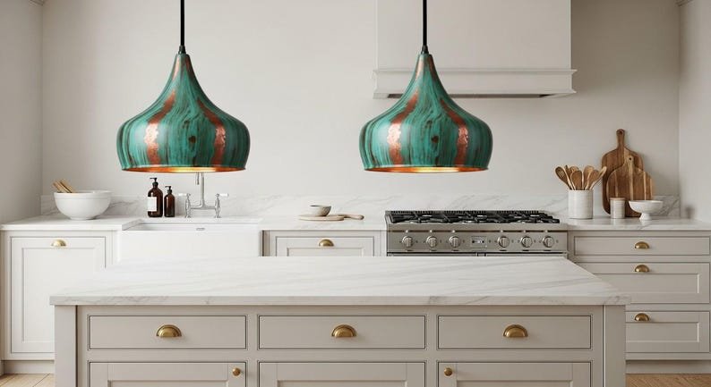 Handcrafted Green Patina Copper Pendant Light – Rustic Farmhouse Hanging Lamp, Vintage Industrial Ceiling Fixture, Copper Kitchen Island Lighting