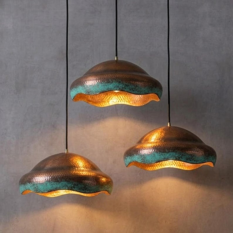 Handmade Moroccan Brass Pendant Light Set of 3 – Hammered Wavy Dome Ceiling Lights with Verdigris Patina & Copper Finish, Kitchen Island Pendant Lighting