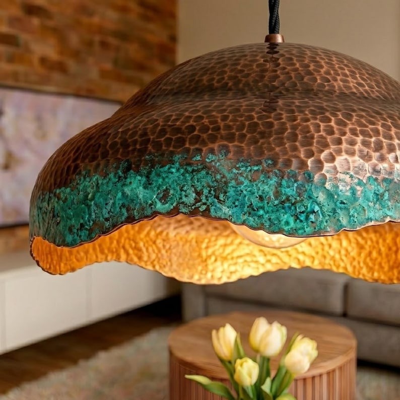 Handmade Moroccan Brass Pendant Light Set of 3 – Hammered Wavy Dome Ceiling Lights with Verdigris Patina & Copper Finish, Kitchen Island Pendant Lighting