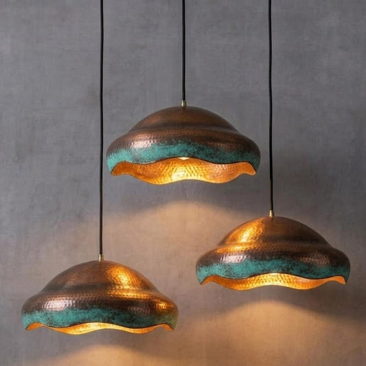 Handmade Moroccan Brass Pendant Light Set of 3 – Hammered Wavy Dome Ceiling Lights with Verdigris Patina & Copper Finish, Kitchen Island Pendant Lighting