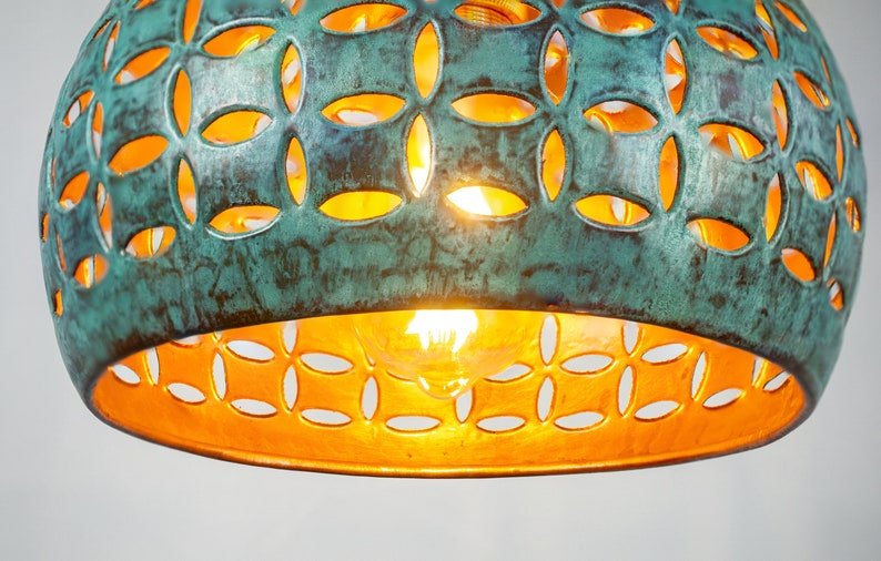 Turquoise Patina Pierced Copper Pendant Light, Handmade Moroccan Cutout Dome Chandelier, Verdigris Kitchen Island Hanging Lamp, Boho Rustic Farmhouse Ceiling Light Fixture
