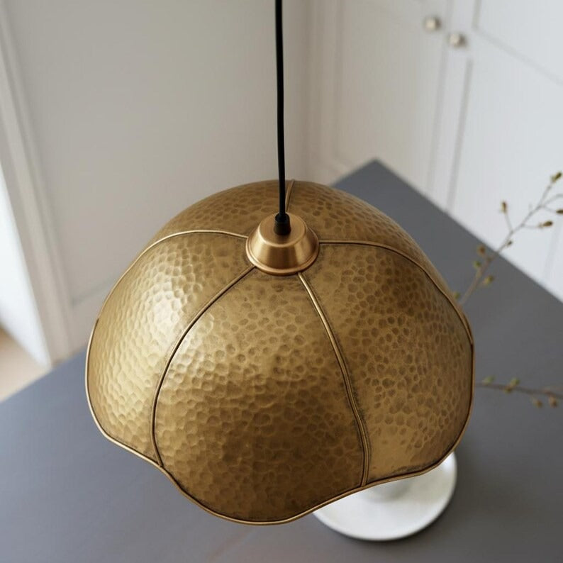 Hammered Brass Scalloped Dome Pendant Light – Handmade Gold Kitchen Island Chandelier